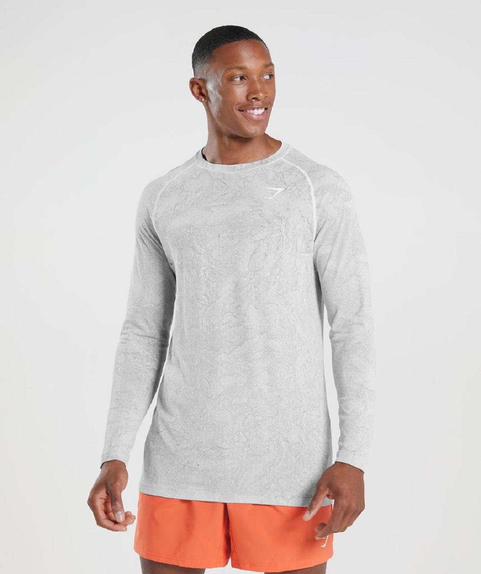 Long Sleeve Męskie Gymshark Geo Seamless Białe Głęboka Szare | PL 3629WNB